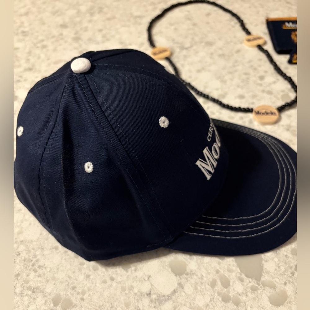 NEW 🍻Modelo Navy Blue Caps /Accessories Set for 2: caps beads koozies sunglasses - Picture 7 of 12